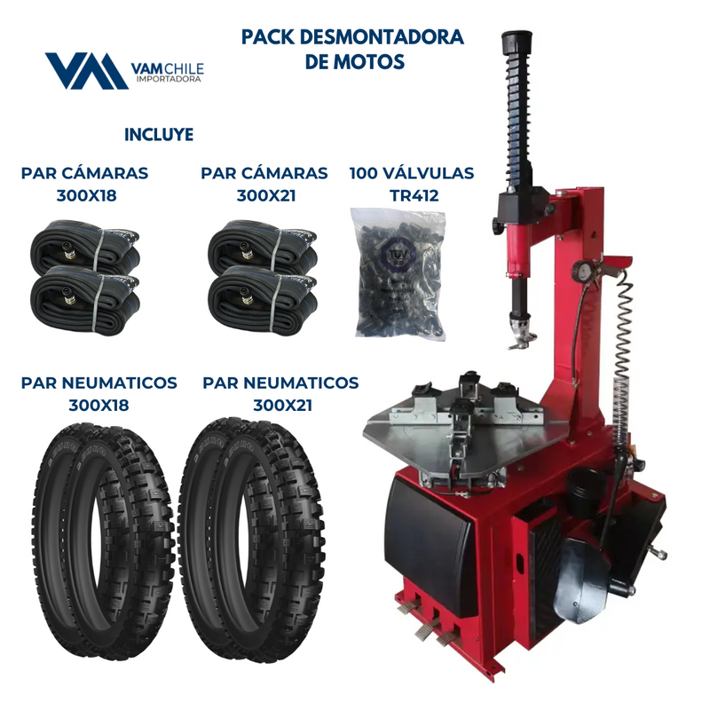 Pack Desmotadora de Motos + Neumáticos, Cámaras, Válvulas